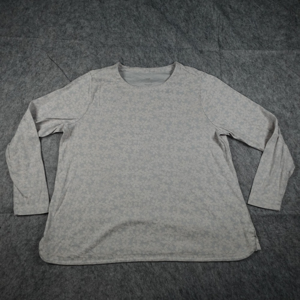 J Jill Top Women Extra Large Petite Grey Pima Cotton Floral Long Sleeve Crewneck
